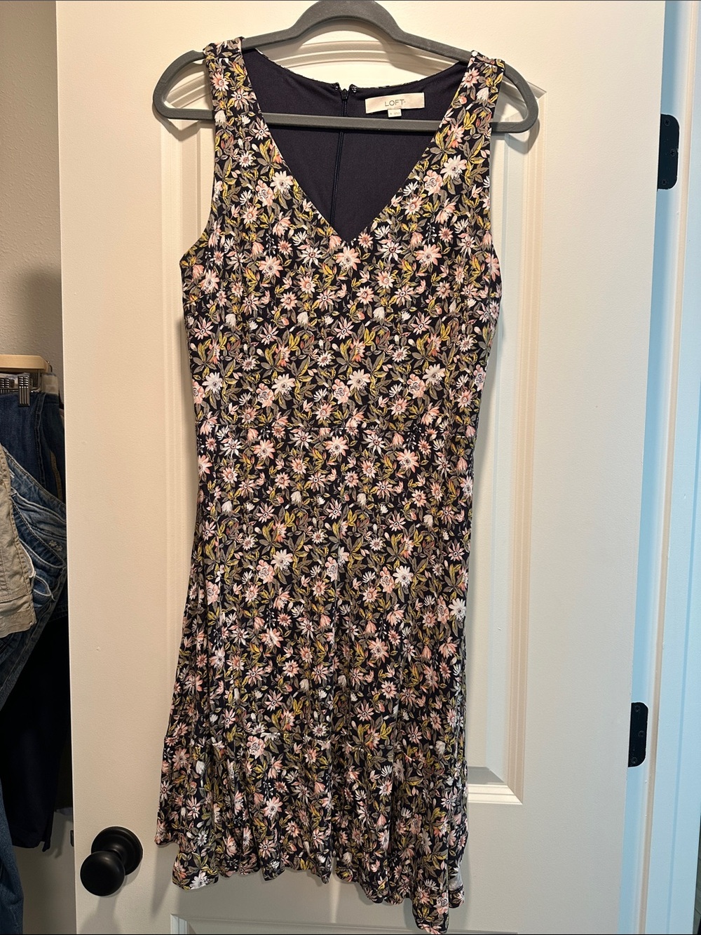 LOFT Black Floral V-Neck Midi Dress with Pink & Green Accents Size 8